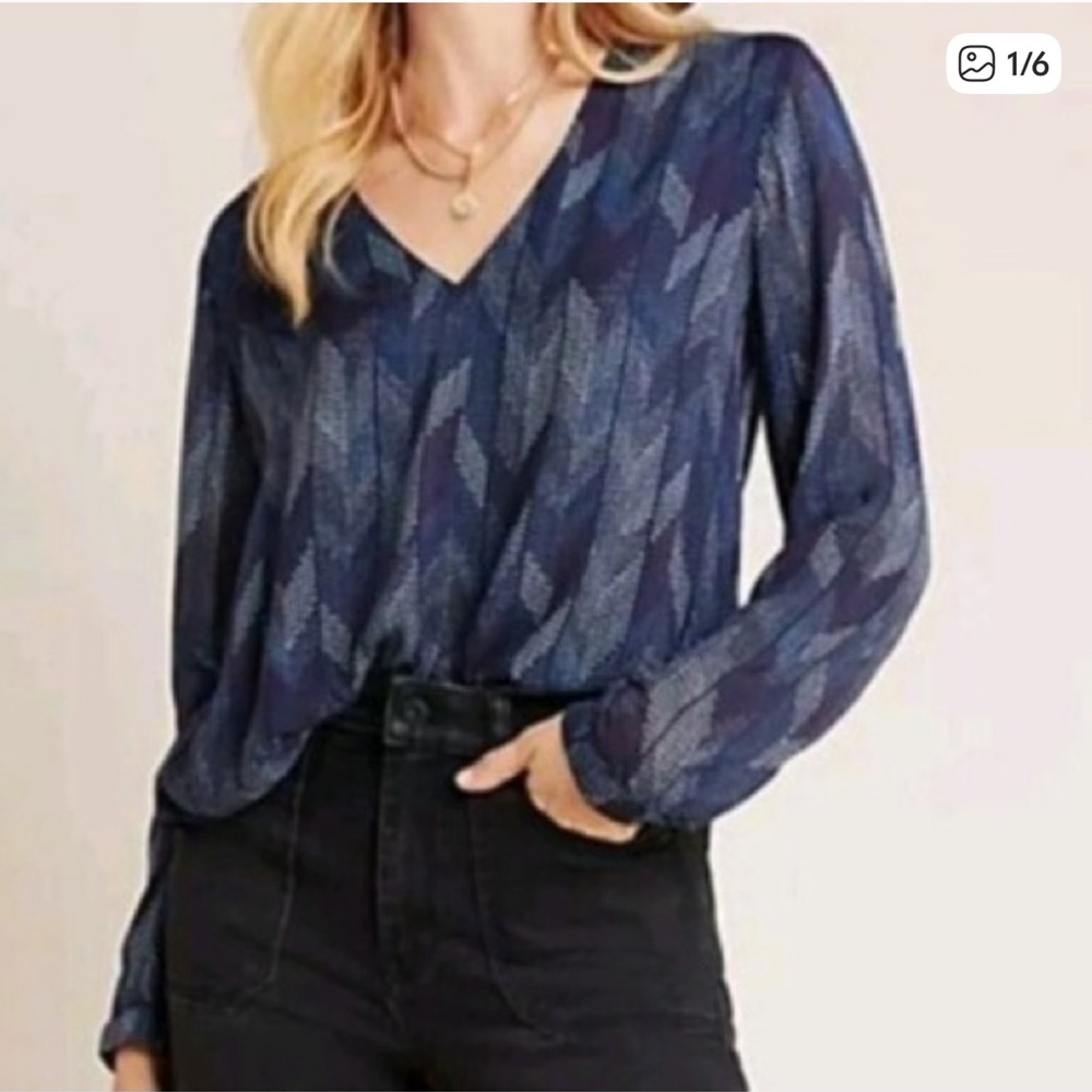 Cloth & Stone Anthropologie Dotted Herringbone Blouse Top Boho Office Blue M